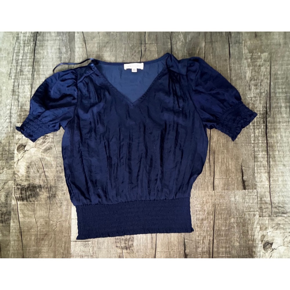 Philosophy Republic Clothing Navy Blue Smocked Waist Crinkle Satin Blouse Small